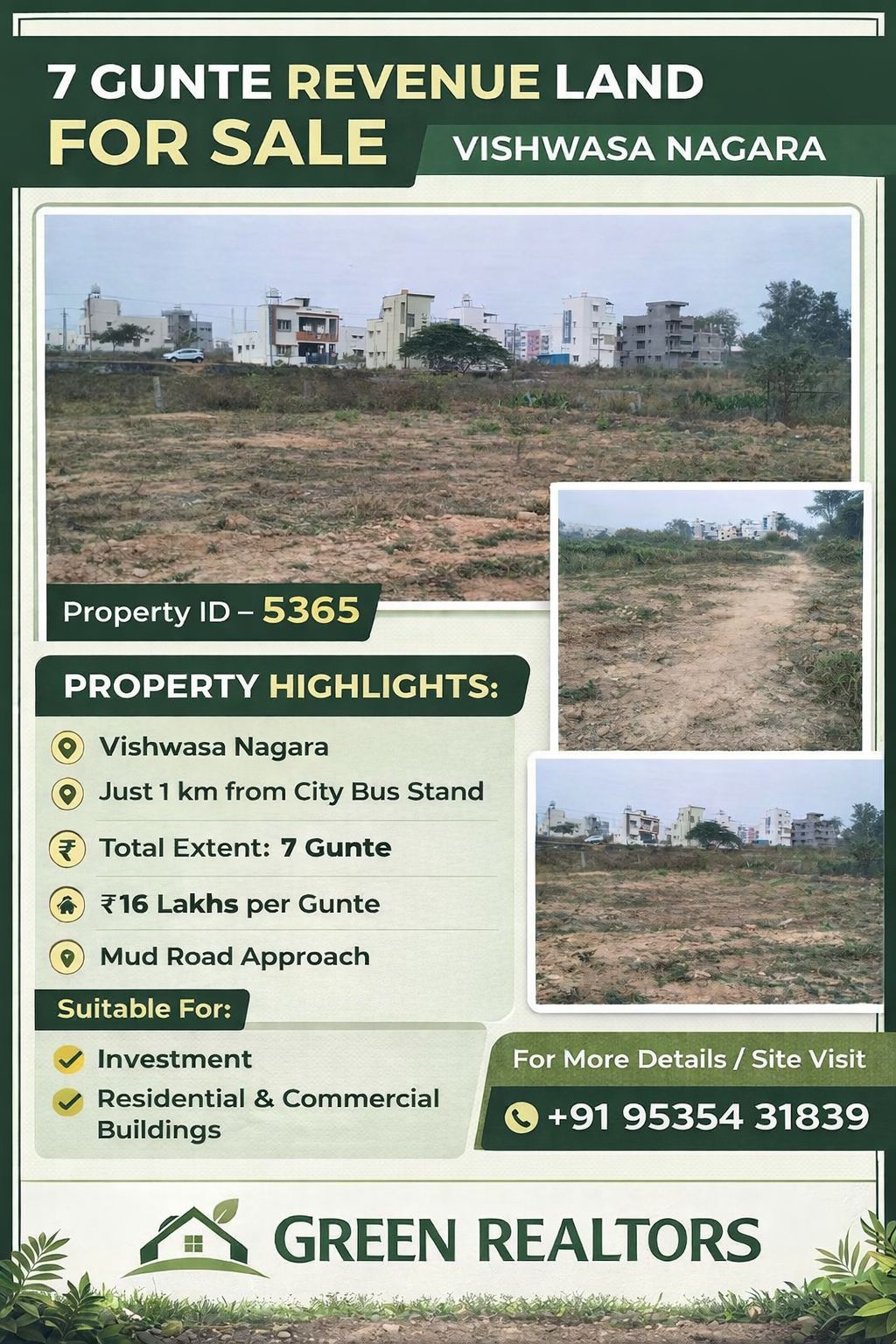 🆔 *Property ID –5365* 🌿 *7 Gunte Revenue Land for Sale – Vishwasa Nagara Chikkamagaluru*